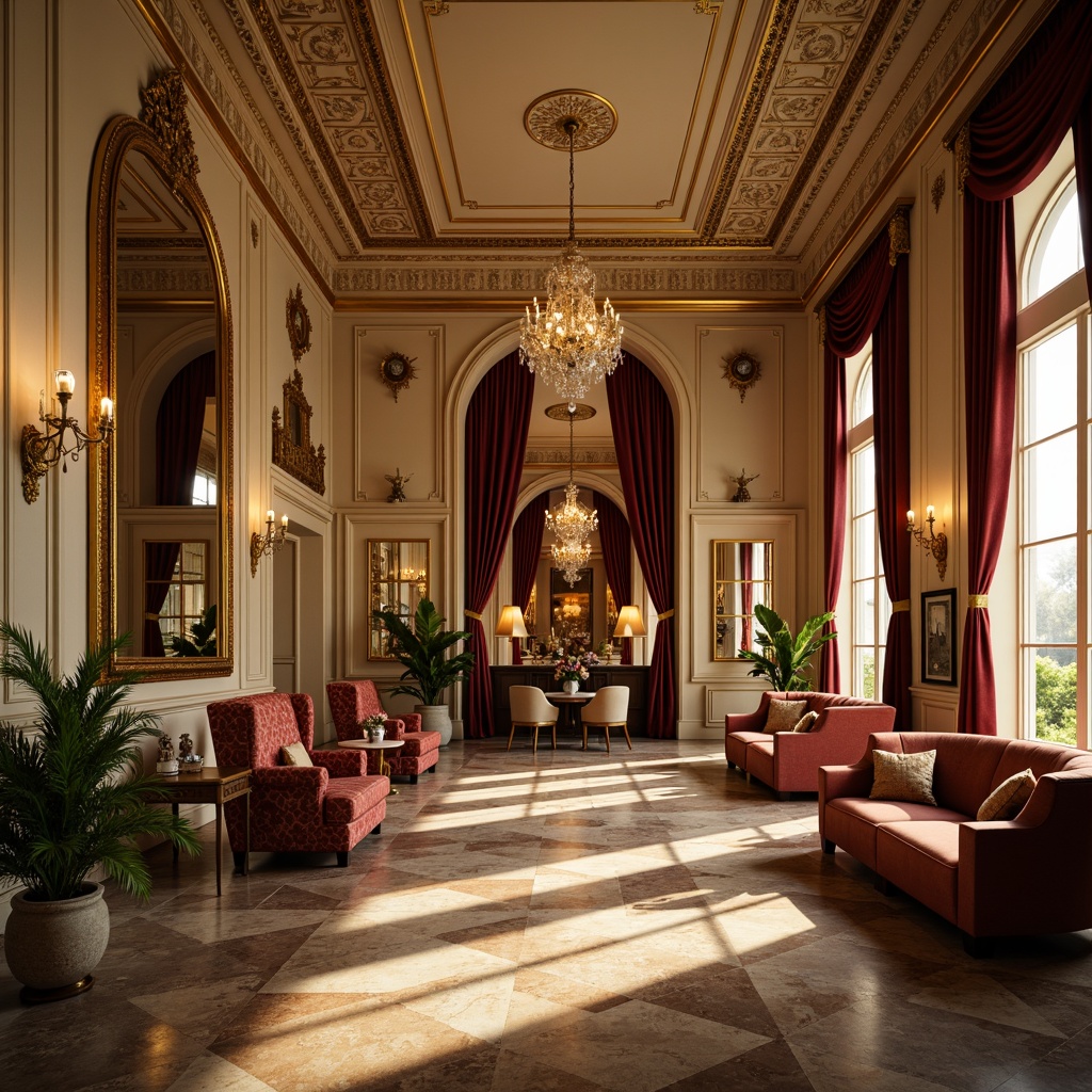 Prompt: Luxurious baroque interior, rich gold accents, ornate mirrors, lavish furnishings, velvet drapes, intricate patterns, warm beige walls, soft cream ceilings, elegant crystal chandeliers, majestic marble columns, subtle bronze hints, opulent jewel-toned fabrics, dramatic shadows, warm golden lighting, cinematic composition, highly detailed textures, realistic reflections.