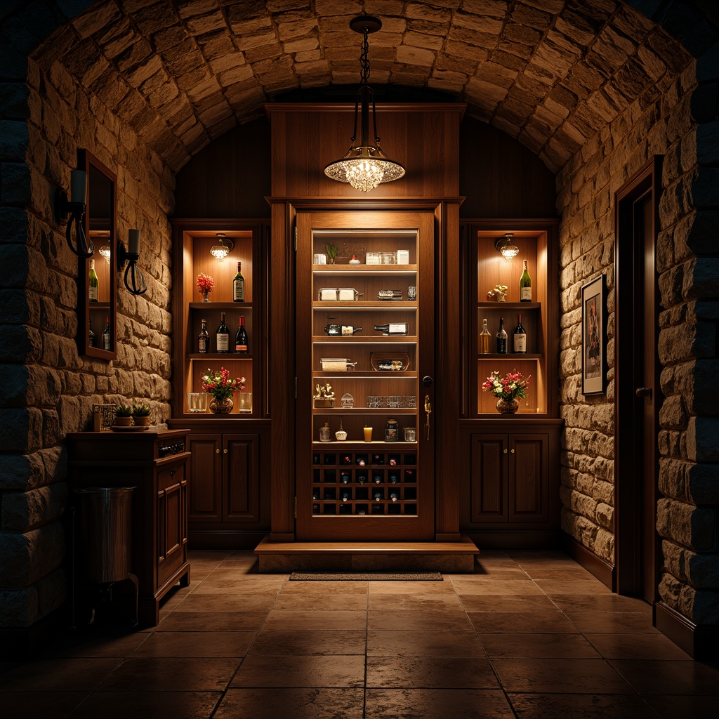 Prompt: Dimly lit wine cellar, rustic stone walls, wooden wine racks, glass-enclosed climate-controlled room, soft warm glow, subtle LED lighting, elegant chandeliers, ambient shadows, rich wood tones, velvety darkness, intimate atmosphere, refined decor, luxury finishes, sophisticated color palette, dramatic spotlighting, high-end appliances, lavish furnishings, opulent textures, atmospheric misting, romantic ambiance.