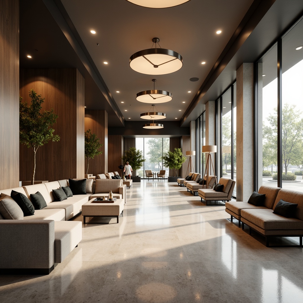 Prompt: Understated hotel lobby, minimalist decor, sleek lines, neutral color palette, warm ambient lighting, recessed LED lights, suspended ceiling fixtures, geometric-shaped lamps, matte metal finishes, softbox diffusers, floor-to-ceiling windows, natural stone flooring, low-profile furniture, subtle textures, calming atmosphere, morning sunlight, gentle shadows, 1/1 composition, realistic renderings, subtle reflections.