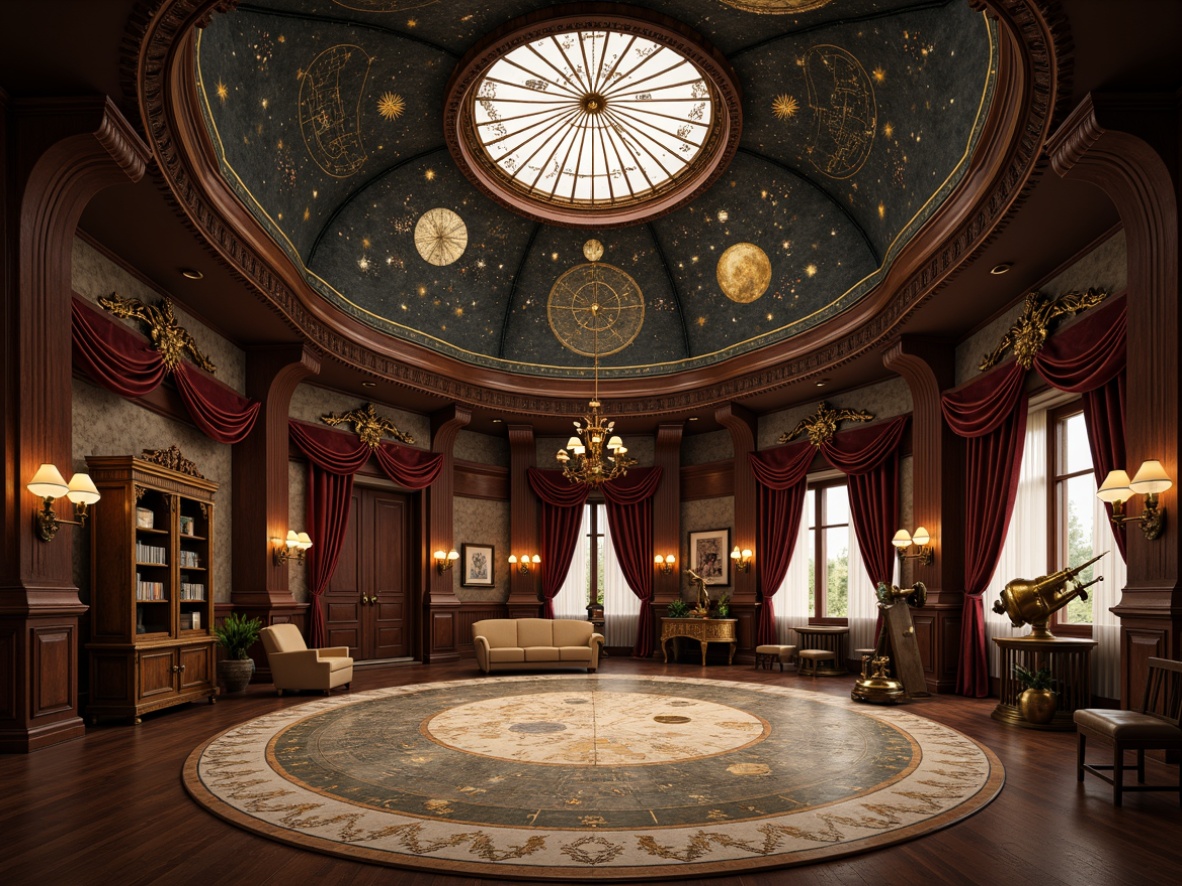 Prompt: Intricate celestial map, ornate Victorian-style planetarium, richly textured walls, domed roof, star-studded ceiling, antique astronomical instruments, vintage telescopes, brass fixtures, wooden accents, luxurious velvet drapes, golden filigree details, soft warm lighting, shallow depth of field, 1/1 composition, realistic textures, ambient occlusion, mystical atmosphere.