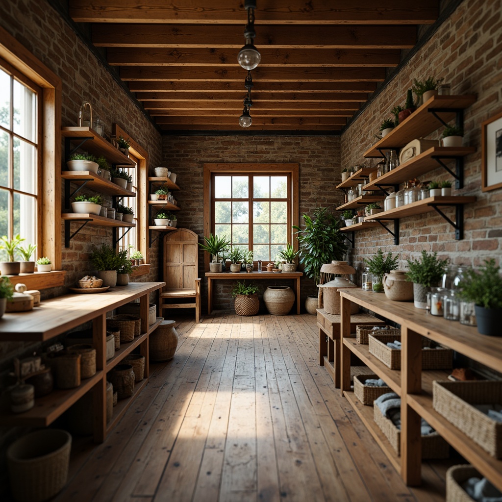 Prompt: Rustic craft room, wooden shelves, distressed finishes, vintage decor, earthy tones, natural textures, woven baskets, mason jars, antique furniture, industrial lighting, metal brackets, reclaimed wood, rough-hewn beams, cozy nooks, soft warm lighting, shallow depth of field, 1/1 composition, realistic textures, ambient occlusion.