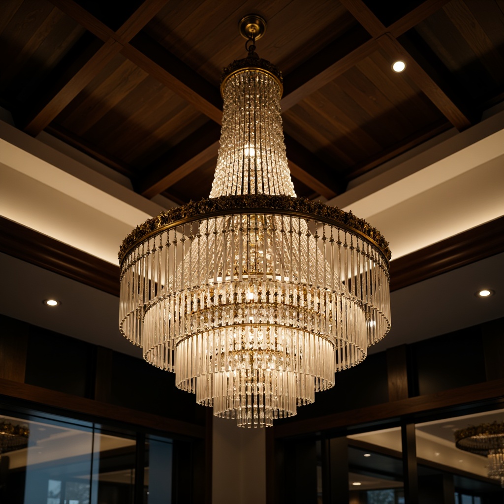 Prompt: Elegant chandelier, crystal droplets, polished metal accents, warm soft lighting, luxurious atmosphere, modern minimalist design, sleek linear shapes, matte black finishes, subtle texture contrasts, ambient illumination, focal point highlighting, LED strip lights, recessed ceiling fixtures, adjustable arm lamps, task-oriented lighting, energy-efficient solutions, smart home integration, dimmable controls, layered lighting effects, visual interest creation.