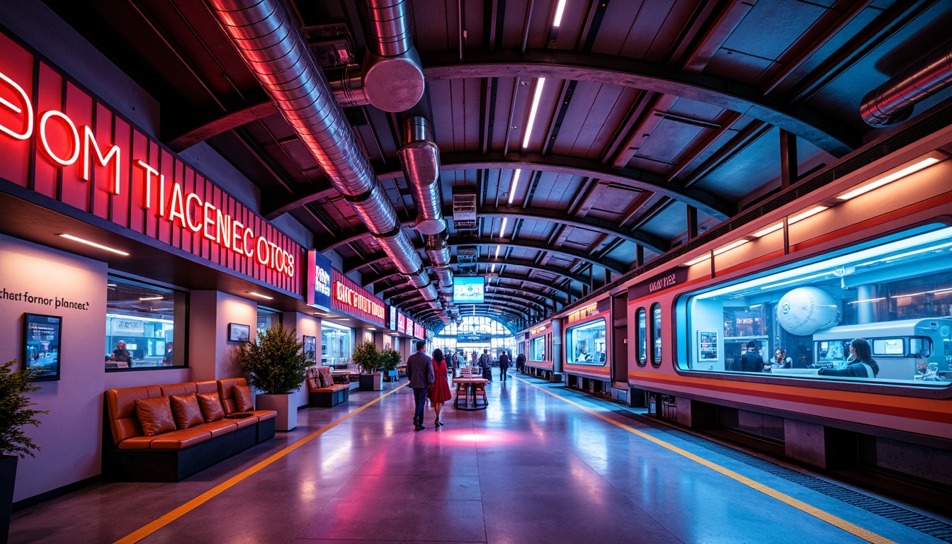 Prompt: Vibrant postmodern train station interior, eclectic color scheme, neon lights, bold typography, futuristic digital displays, retro-futuristic architecture, curved lines, geometric patterns, metallic accents, industrial materials, exposed ductwork, concrete flooring, steel beams, grandiose ceilings, dramatic spotlights, soft warm ambient lighting, 1/1 composition, shallow depth of field, realistic textures, ambient occlusion.