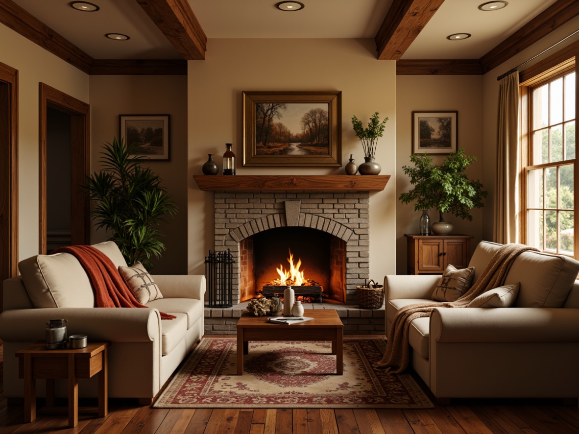 Prompt: Warm family room, crackling fireplace, rustic wooden mantel, stone surround, plush armchairs, soft cushions, warm beige walls, rich wood flooring, cozy throw blankets, vintage decorative items, soft warm lighting, shallow depth of field, 1/2 composition, realistic textures, ambient occlusion.