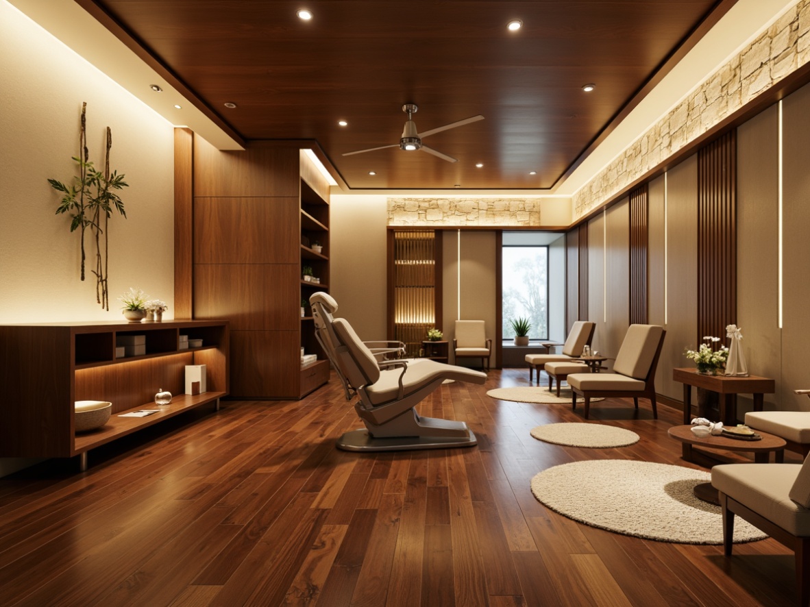 Prompt: Polished dark wood flooring, Asian-inspired minimalist design, serene clinic atmosphere, natural stone accents, warm beige walls, subtle traditional Japanese patterns, modern dental equipment, sleek metal chairs, gentle LED lighting, shallow depth of field, 1/1 composition, realistic textures, ambient occlusion.