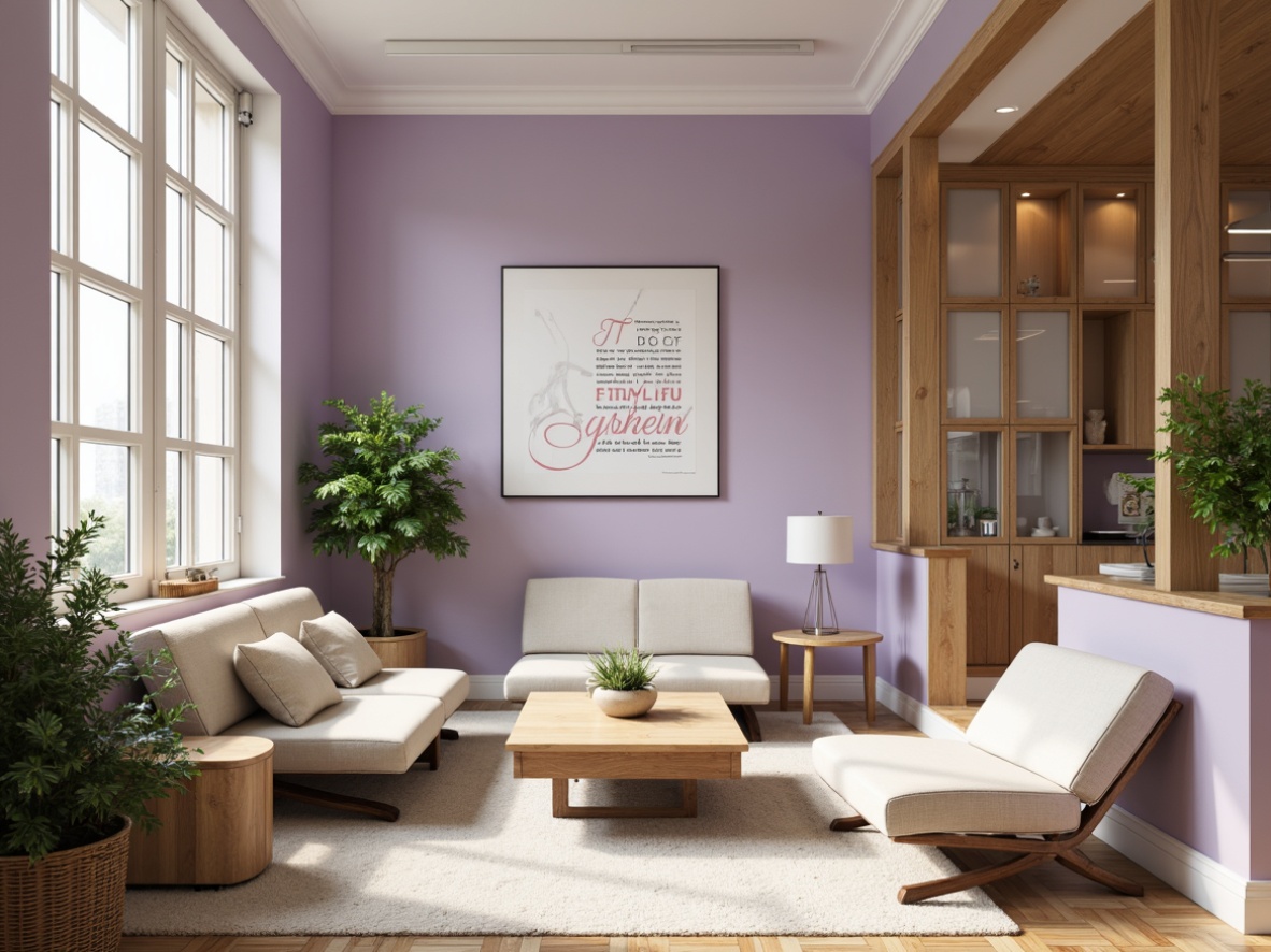 Prompt: Soft lavender walls, creamy white trim, rich wooden accents, lush greenery, natural stone floors, elegant conference rooms, modern minimalist furniture, floor-to-ceiling windows, abundant natural light, warm beige carpeting, subtle purple undertones, sophisticated office atmosphere, high ceilings, open-plan layout, collaborative workspaces, sleek metal details, inspirational quotes, motivational artwork, calming ambiance, warm task lighting, 1/1 composition, soft focus, realistic textures.