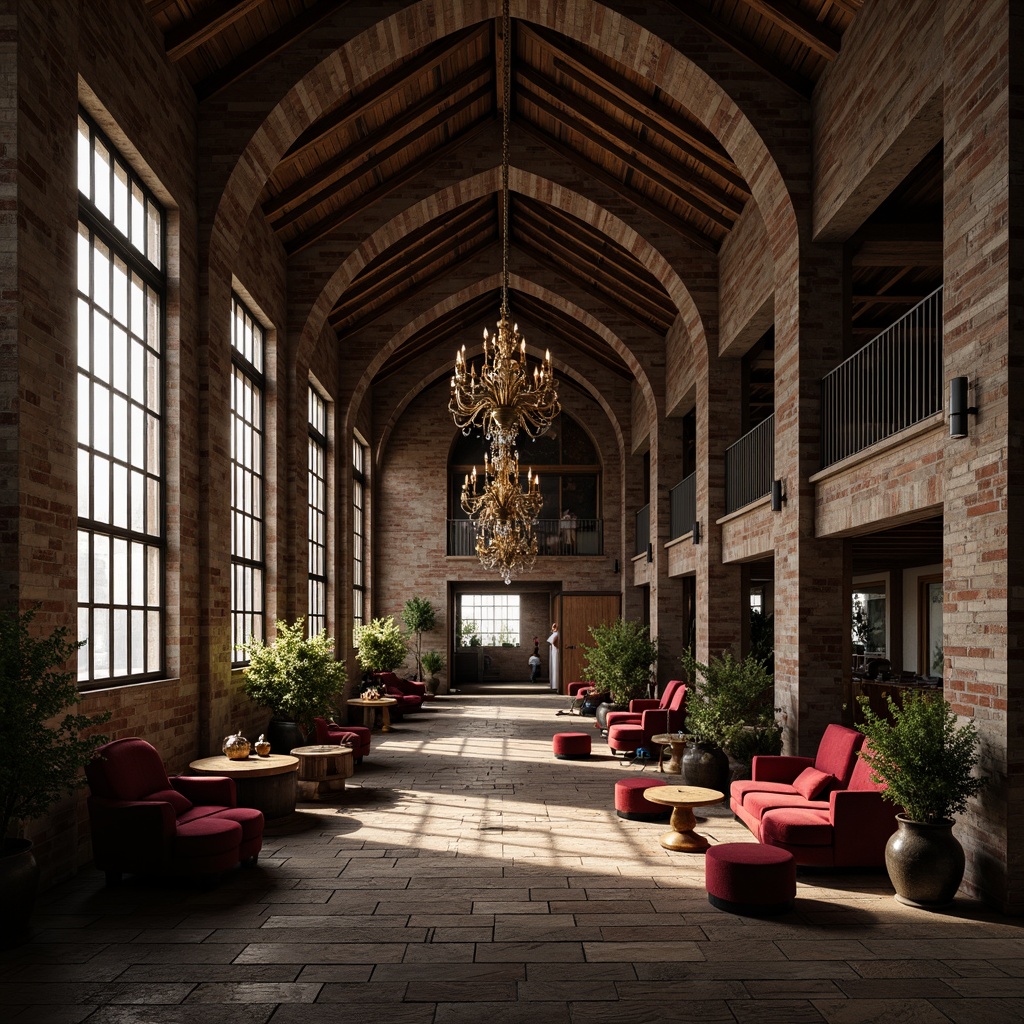 Prompt: Rustic warehouse interior, exposed wooden beams, Gothic arches, industrial metal columns, reclaimed wood flooring, distressed brick walls, vintage factory windows, dim warm lighting, atmospheric shadows, rich textures, ornate metalwork details, grand chandeliers, luxurious velvet furnishings, mysterious ambiance, 3/4 composition, shallow depth of field, realistic materials.