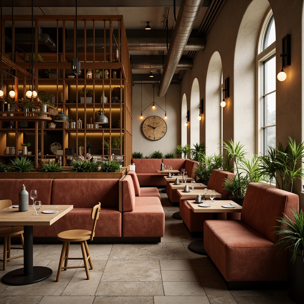 Prompt: Earthy-toned restaurant interior, warm beige walls, rich walnut wood accents, comfortable velvet sofas, natural stone flooring, industrial-chic metal lighting fixtures, vintage decorative accessories, lush greenery, rustic wooden tables, cozy intimate ambiance, soft warm lighting, shallow depth of field, 3/4 composition, realistic textures, ambient occlusion.