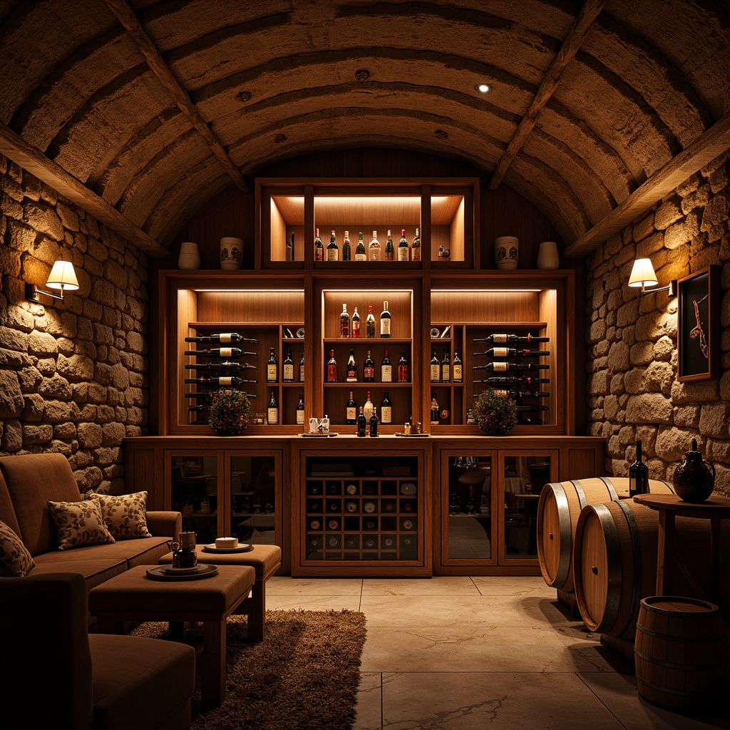 Prompt: Cozy wine cellar, rustic stone walls, dimmed warm lighting, wooden wine racks, glass-enclosed wine storage, ambient soft glow, intimate atmosphere, rich wood tones, velvet drapes, ornate metalwork, subtle LED lights, temperature-controlled environment, humidifier, premium wine bottles, elegant label designs, vintage wine barrels, relaxed seating area, soft background music, warm earthy colors, shallow depth of field, 1/1 composition, realistic textures, ambient occlusion.