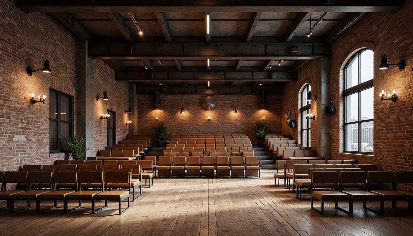 Prompt: Rustic industrial auditorium, exposed brick walls, metal beam ceilings, reclaimed wood floors, distressed leather seats, steel frame chairs, wooden benches, minimalist decor, spotlights, high ceiling, open space, urban atmosphere, modern industrial style, functional design, raw concrete texture, metallic accents, vintage factory lights, dramatic shadows, low-key lighting, 1/1 composition, symmetrical view, realistic rendering.