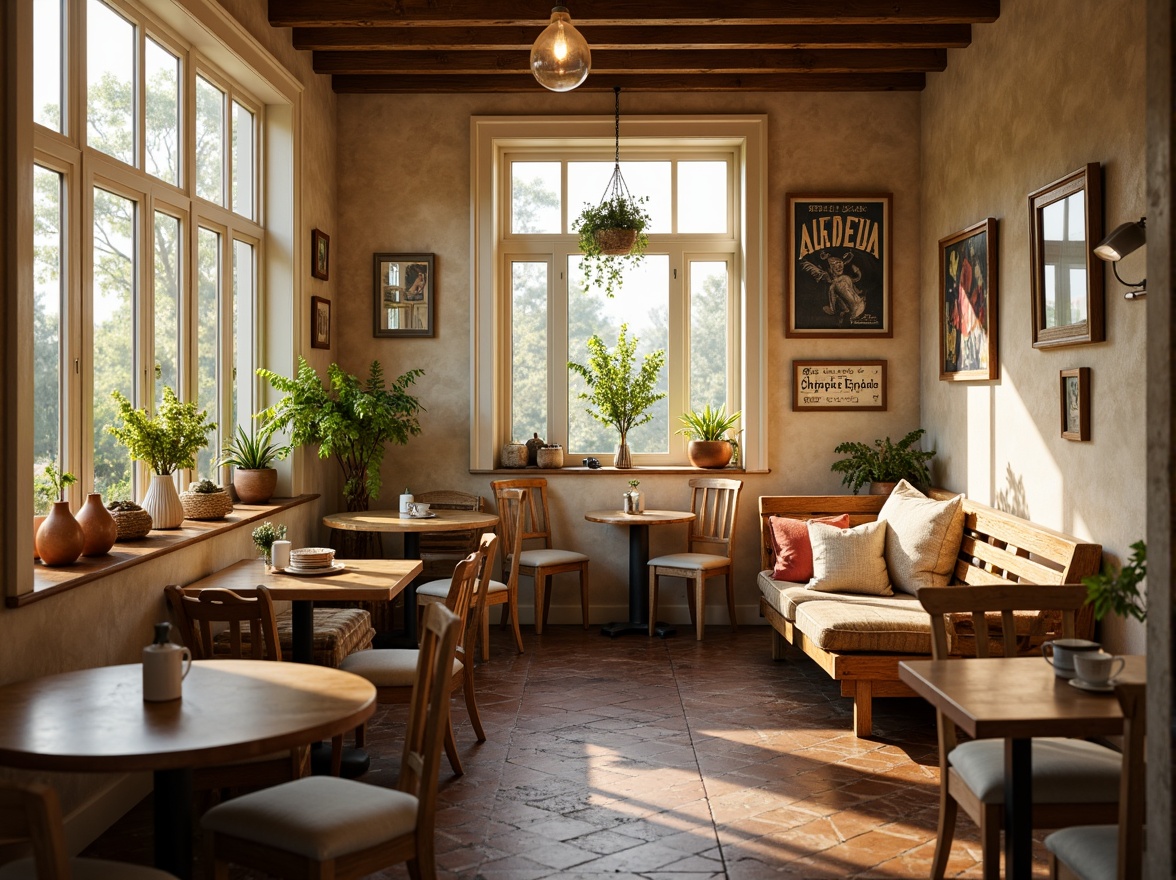 Prompt: Cozy breakfast nook, warm beige walls, rich wood tones, soft cream accents, vintage metal signs, distressed wooden tables, comfortable cushioned chairs, natural woven baskets, earthy terracotta vases, lush green plants, soft morning light, warm golden lighting, intimate atmosphere, rustic country style, inviting textures, harmonious color balance.