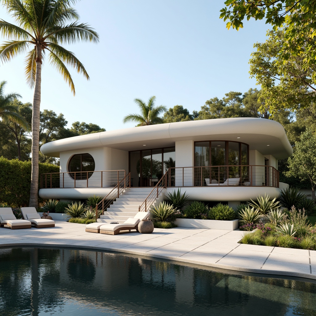 Prompt: Sleek Streamline Moderne house, curved lines, rounded edges, shiny metallic surfaces, large circular windows, sliding glass doors, minimalist interior design, monochromatic color scheme, smooth stucco exterior, lush greenery surroundings, tropical palm trees, sunny day, warm soft lighting, shallow depth of field, 3/4 composition, panoramic view, realistic textures, ambient occlusion.