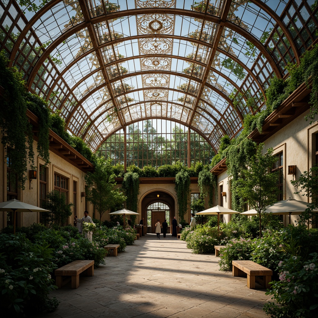 Prompt: Luxuriant greenhouse, ornate metal framework, intricate floral patterns, curved glass panels, grandiose entranceways, lavish vegetation, tropical plants, vines, tendrils, moss-covered stone walls, rustic wooden accents, natural stone flooring, soft warm lighting, shallow depth of field, 1/2 composition, macro photography, realistic textures, ambient occlusion.