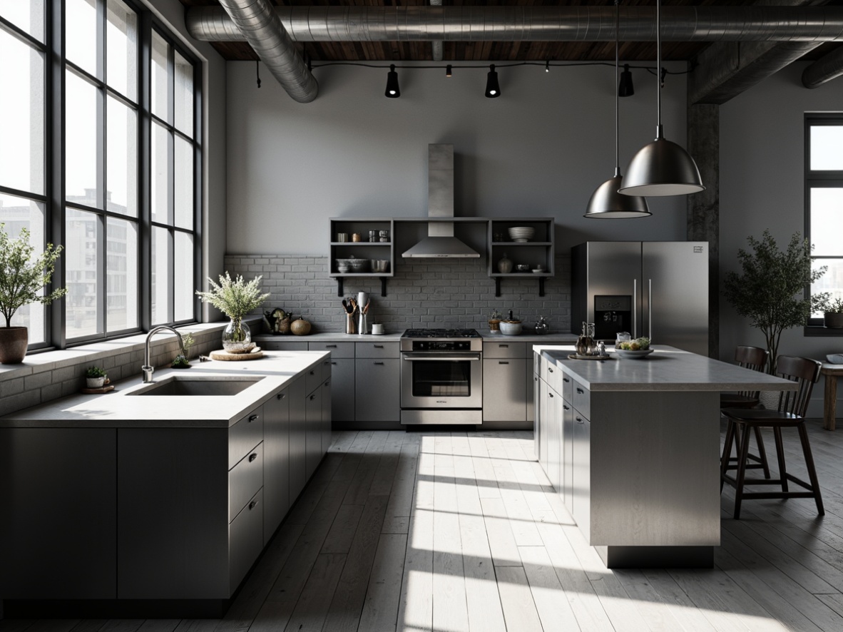 Prompt: Monochromatic color scheme, geometric shapes, minimalist decor, industrial lighting fixtures, steel kitchen islands, handle-less cabinets, built-in appliances, open shelving systems, functional countertops, ergonomic workspaces, rectangular sink basins, wall-mounted faucets, hardwood flooring, urban loft atmosphere, natural light pouring in, soft shadows, 1/1 composition, symmetrical framing, high-contrast textures, subtle reflections.