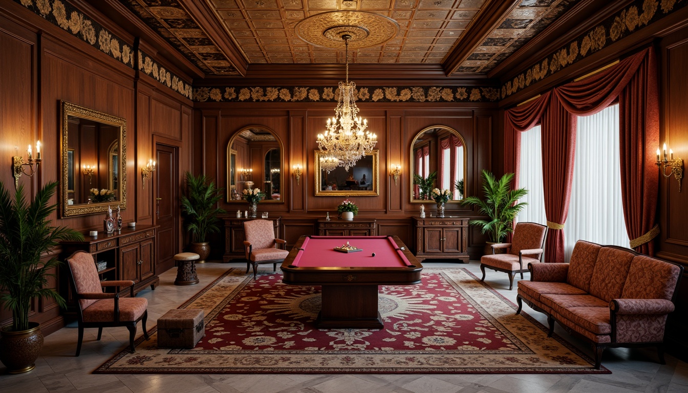 Prompt: Elegant game room, rich wood paneling, ornate mirrors, lavish chandeliers, plush velvet sofas, antique wooden tables, carved mahogany chairs, luxurious fabrics, intricate patterns, gilded accents, symmetrical layout, grandiose scale, high ceilings, marble floors, classic columns, subtle warm lighting, dramatic shadows, 1/1 composition, realistic textures, ambient occlusion.