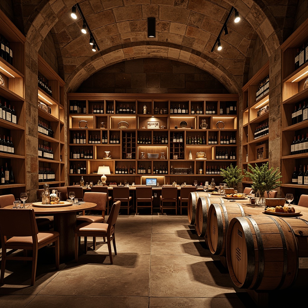 Prompt: Elegant wine cellar, academic architecture, rustic stone walls, wooden shelving units, climate-controlled environment, precise temperature regulation, humidity management systems, soft warm lighting, rich wood tones, leather-bound tomes, vintage wine barrels, glass-enclosed storage, metal wine racks, sophisticated label display, dimly lit ambiance, intimate seating areas, refined color palette, ornate metalwork, subtle aromatic scents, 3/4 composition, shallow depth of field, realistic textures.