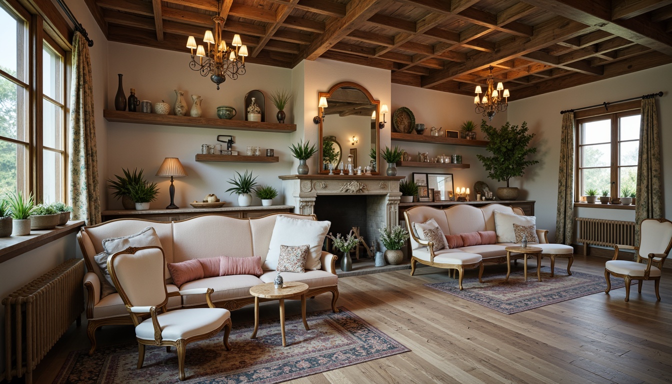 Prompt: Distressed wooden furniture, vintage decor, soft pastel colors, ornate metal accents, velvet upholstery, lace trimming, rustic wooden beams, reclaimed wood flooring, natural stone walls, floral patterns, delicate ceramics, antique hardware, elegant chandeliers, warm candlelight, soft focus, 1/1 composition, shallow depth of field, romantic ambiance.