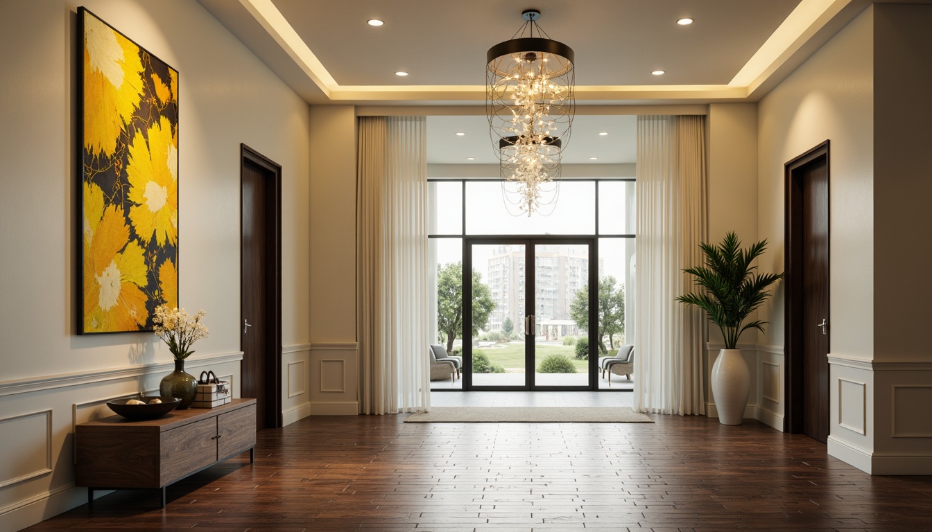 Prompt: Modern entrance hall, sleek glass doors, polished chrome hardware, luxurious cream walls, rich dark wood flooring, sophisticated neutral tones, bold accent colors, vibrant yellow artwork, stylish geometric patterns, elegant pendant lighting, soft warm glow, shallow depth of field, 3/4 composition, realistic textures, ambient occlusion.