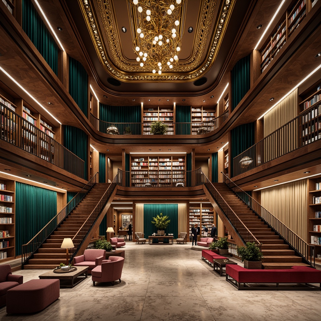 Prompt: Luxurious bookstore interior, rich walnut wood shelves, ornate gold accents, velvet drapes, geometric patterns, vibrant turquoise, deep emerald green, warm golden brown, creamy ivory, rich berry red, sophisticated black, metallic silver, opulent crystal chandeliers, lavish marble floors, intricate moldings, dramatic staircases, cozy reading nooks, plush armchairs, atmospheric soft lighting, 1/2 composition, realistic textures, ambient occlusion.