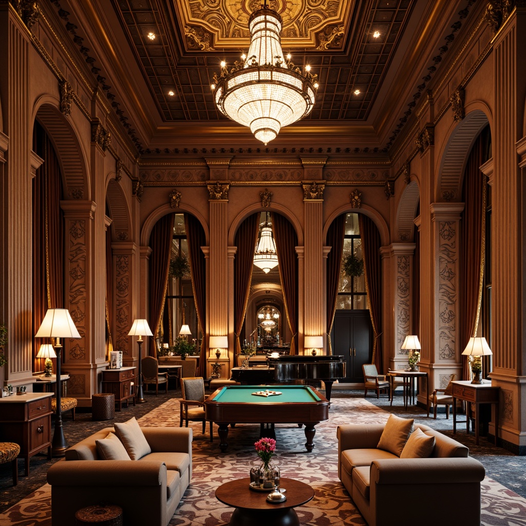 Prompt: Elegant game room, rich wood paneling, ornate mirrors, crystal chandeliers, velvet drapes, luxurious sofas, carved wooden furniture, intricate moldings, neoclassical columns, marble floors, grand pianos, comfortable armchairs, stylish coffee tables, decorative vases, refined wallpaper patterns, warm golden lighting, shallow depth of field, 2/3 composition, realistic textures, ambient occlusion.