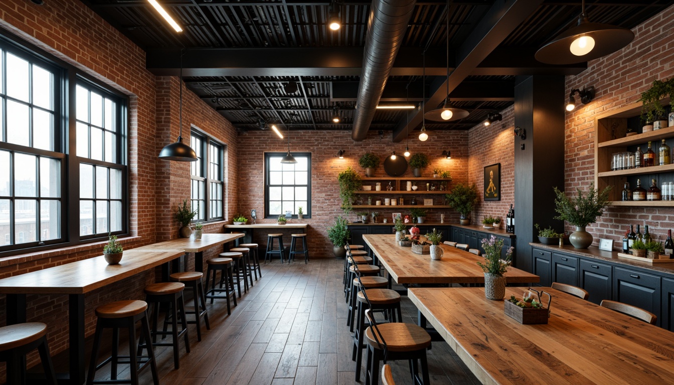 Prompt: Exposed brick walls, reclaimed wood accents, metal beam ceilings, industrial-style bar stools, rustic wooden tables, vintage metal lighting fixtures, Edison bulb pendants, metal shade chandeliers, distressed finishes, urban loft atmosphere, warm ambient glow, low-hanging lamps, matte black metalwork, minimalist design, functional aesthetics, nostalgic vibes, dimmable spotlights, 1/1 composition, softbox lighting effect.