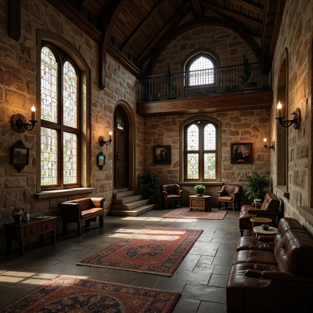 Prompt: Weathered stone walls, rustic wooden accents, stained glass windows, ornate metalwork, dim warm lighting, vaulted ceilings, arched doorways, distressed leather furniture, worn wooden benches, rich tapestries, intricate mosaics, subtle natural textures, earthy color palette, spiritual ambiance, serene atmosphere, 1/1 composition, dramatic shadows, soft focus, mystical mood.