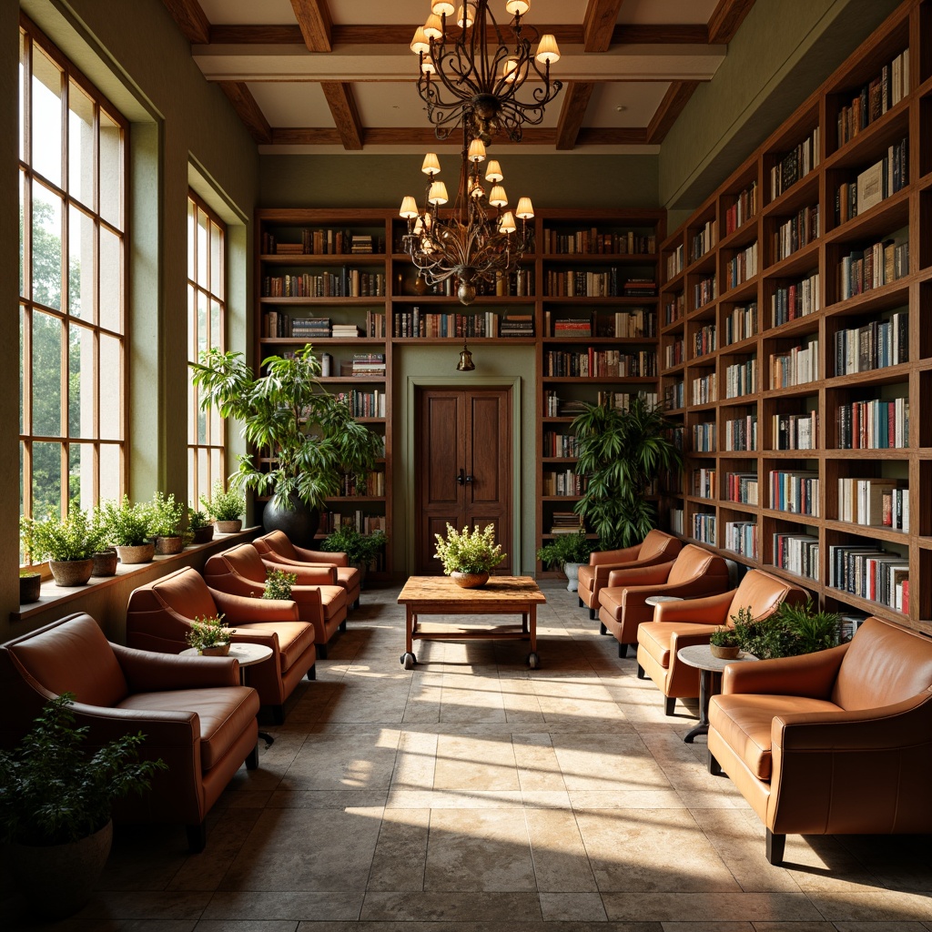 Prompt: Cozy library interior, warm wooden shelves, leather-bound books, comfortable reading nooks, soft cushioned chairs, rich walnut tables, elegant chandeliers, subtle earthy tones, muted green walls, creamy white accents, natural stone floors, large windows, abundance of natural light, warm golden lighting, shallow depth of field, 1/1 composition, realistic textures, ambient occlusion.