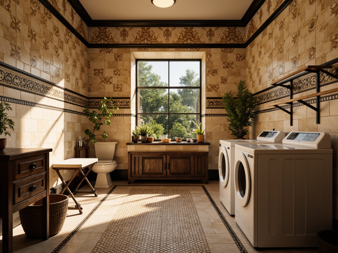 Prompt: Richly patterned Victorian-style laundry room, ornate ceramic tiles, hexagonal mosaic flooring, warm beige and cream hues, decorative border inlays, classic black and white checkerboard design, distressed wood accents, vintage-inspired washing machines, rustic metal drying racks, soft natural light, warm golden lighting, 3/4 composition, shallow depth of field, realistic textures, ambient occlusion.