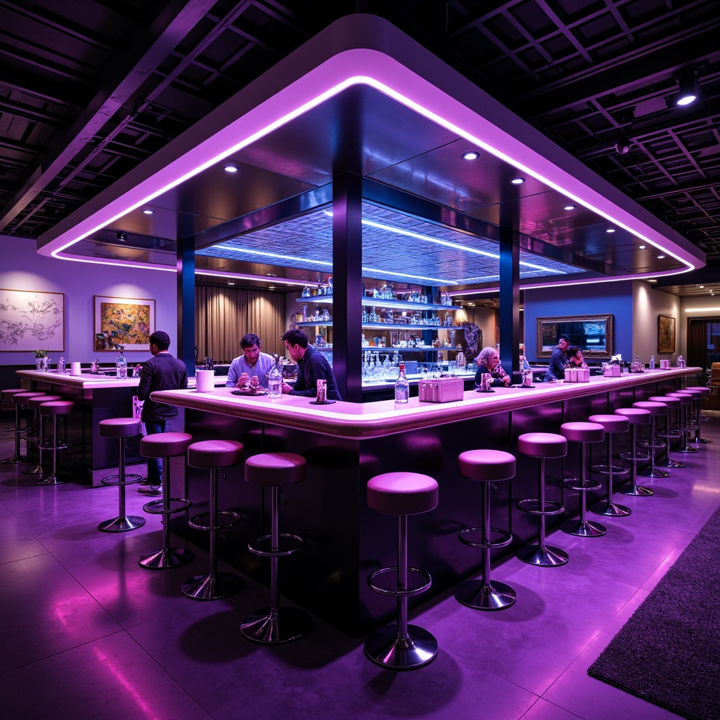 Prompt: Luxurious nightclub, stylish bar counter, LED lights, sleek metal surfaces, glossy finishes, futuristic design, vibrant neon colors, reflective glass shelves, angular lines, minimalist decor, leather stools, chrome accents, ambient lighting, shallow depth of field, 3/4 composition, panoramic view, realistic textures, ambient occlusion.