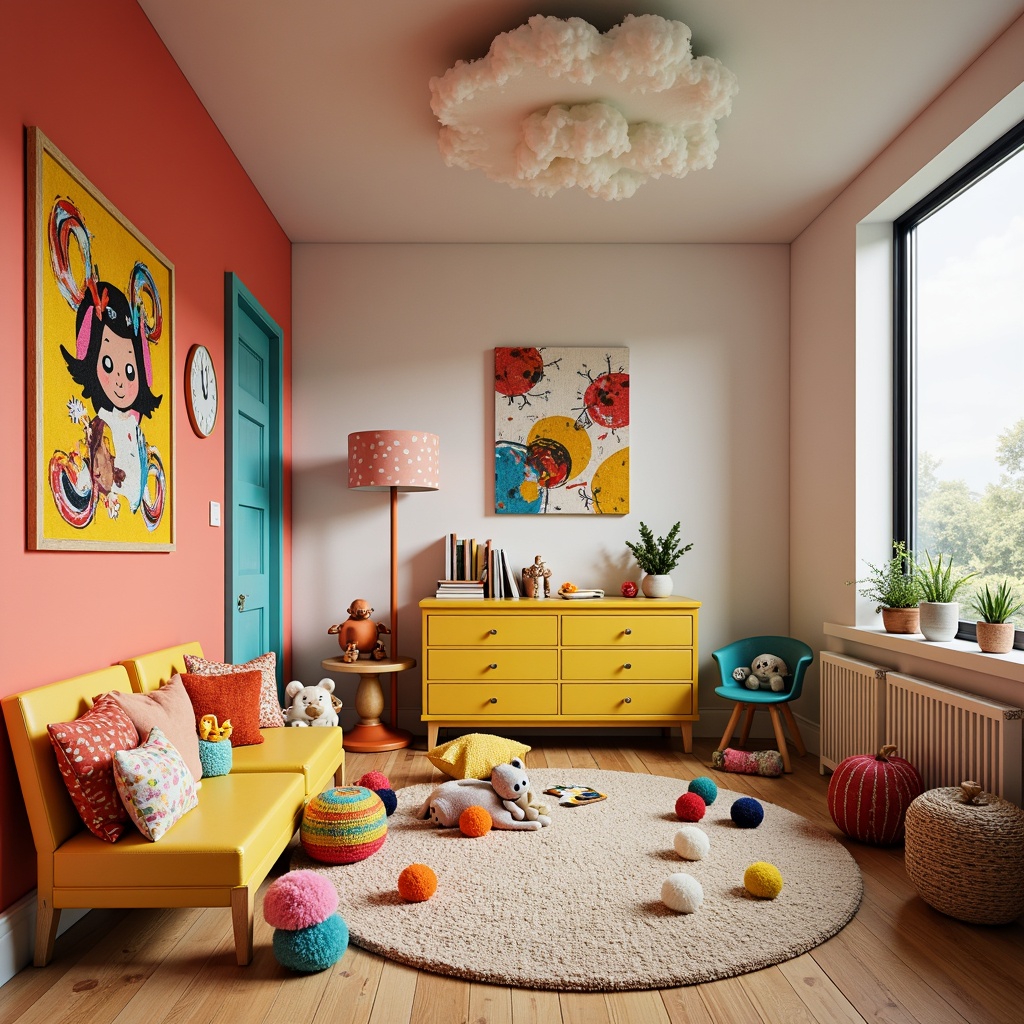 Prompt: Vibrant kids' room, whimsical expressionism style, bright coral walls, turquoise accents, sunshine yellow furniture, creamy white trim, playful polka dots, bold brushstroke patterns, textured canvas artwork, colorful pom-poms, oversized stuffed animals, cozy plush rugs, natural wood flooring, eclectic mix-and-match decor, dreamy cloud-shaped ceiling, soft warm lighting, shallow depth of field, 1/1 composition, intimate close-up view, realistic textures, ambient occlusion.