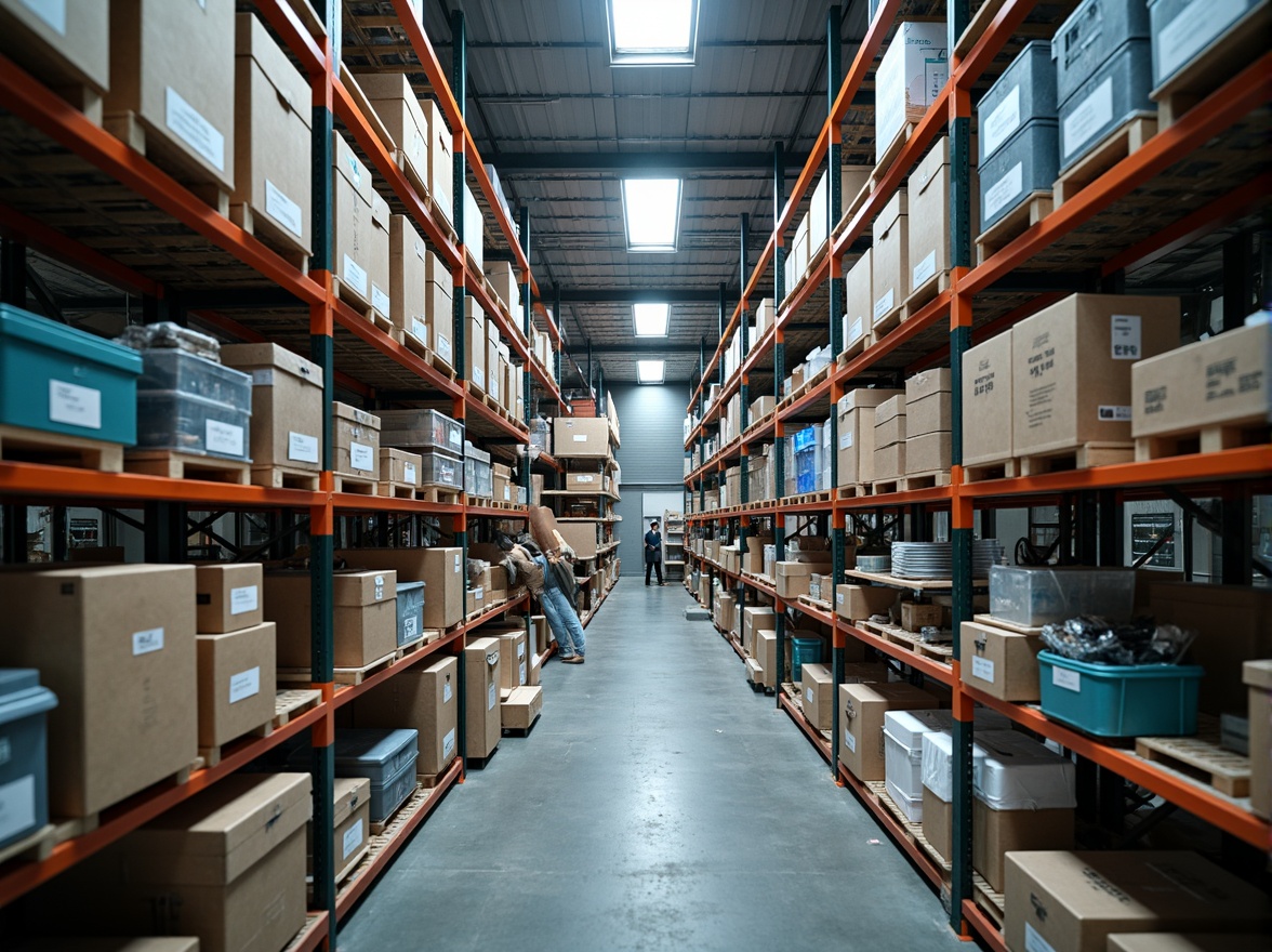 Prompt: Industrial shelving units, metallic frames, adjustable shelves, storage bins, labeled containers, organized inventory, high-ceiling warehouse, concrete floors, overhead lighting, natural ventilation, urban industrial setting, busy work atmosphere, shallow depth of field, 1/1 composition, realistic textures, ambient occlusion.