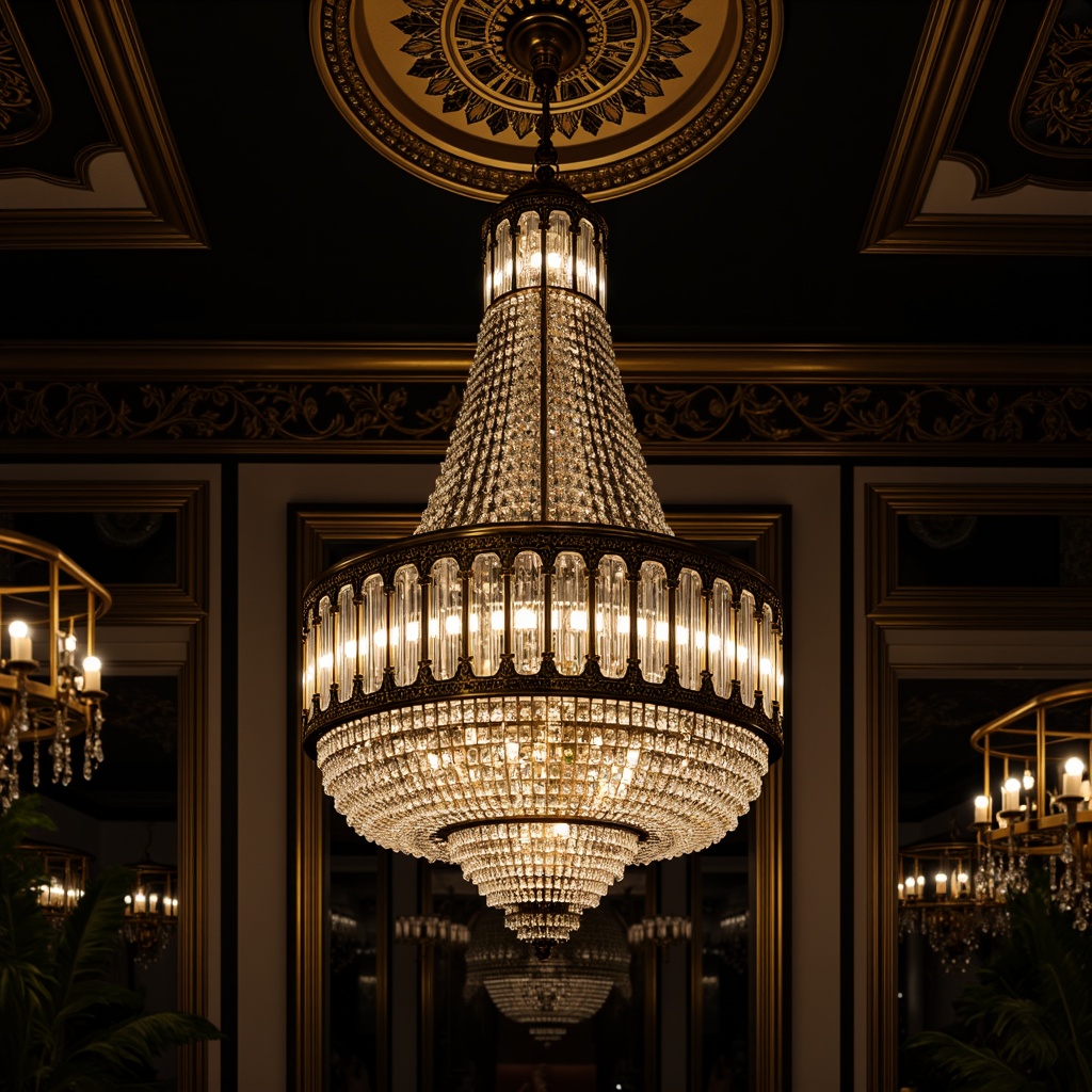 Prompt: Luxurious chandeliers, ornate metalwork, crystal droplets, beveled edges, stepped silhouettes, geometric patterns, metallic finishes, opulent sconces, lavish pendant lights, intricate filigree details, soft warm glow, dramatic shadows, symmetrical compositions, 1920s inspired designs, glamorous ambiance, vintage flair, luxurious materials, bronze accents, glossy black trim, champagne gold tones, ornate ceiling fixtures, stylized floral motifs.