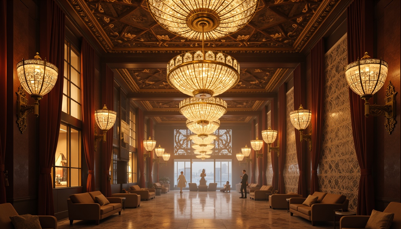 Prompt: Opulent chandeliers, geometric metalwork, ornate sconces, luxurious pendant lights, crystal droplets, metallic accents, bronze finishes, lavish ceiling fixtures, intricate patterns, symmetrical designs, stepped silhouettes, zigzag motifs, sunburst patterns, circular shapes, rich textiles, velvet drapes, marble floors, high ceilings, dramatic verticality, warm golden lighting, soft shadows, cinematic ambiance, 1/1 composition, low-angle shot, atmospheric fog.