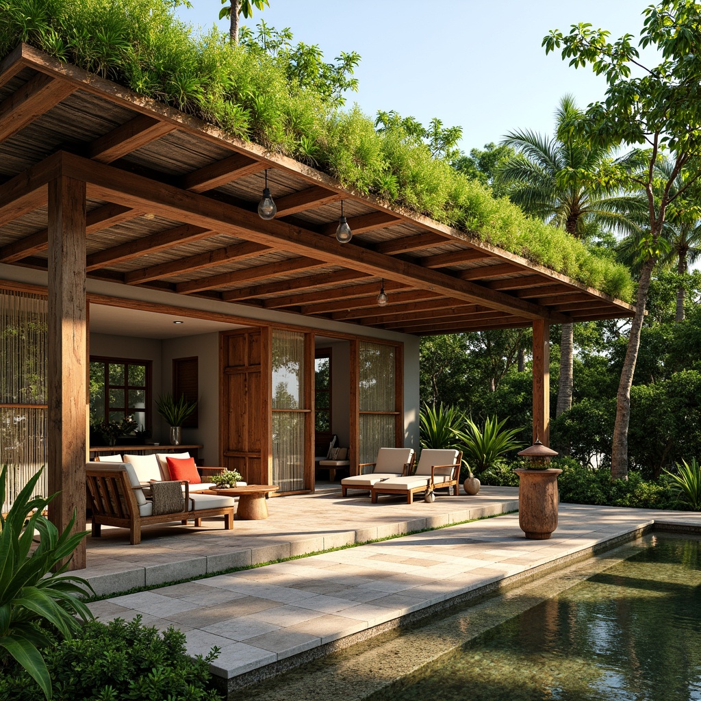 Prompt: Tropical island villa, lush green roof, reclaimed wood accents, bamboo flooring, rattan furniture, natural fiber textiles, vibrant colorful tiling, corrugated metal roofing, large overhanging eaves, wooden shutters, sliding glass doors, open-plan living area, high ceilings, cross-ventilation, energy-efficient systems, solar panels, rainwater harvesting, green walls, native plant species, warm sunny day, soft diffused lighting, shallow depth of field, 1/2 composition, realistic textures, ambient occlusion.