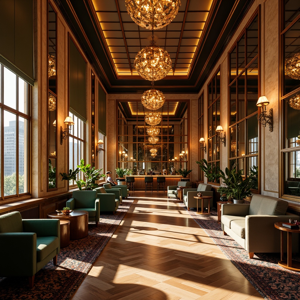 Prompt: Luxurious Art Deco interior, sleek glass partitions, metallic frames, ornate mirrors, rich wood paneling, geometric patterns, bold color schemes, lavish furnishings, opulent chandeliers, sophisticated ambiance, warm golden lighting, shallow depth of field, 1/2 composition, realistic reflections, ambient occlusion.