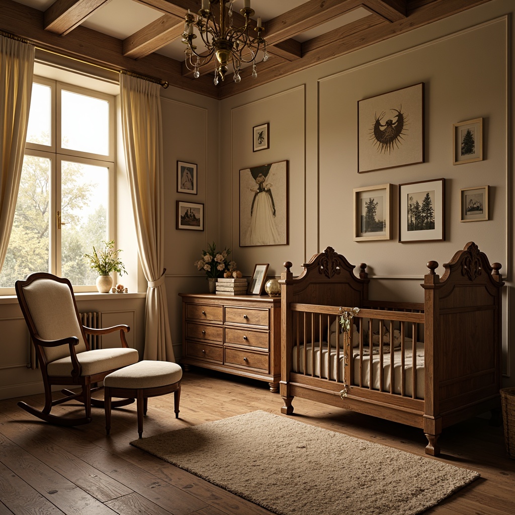 Prompt: Renaissance-style nursery, ornate wooden crib, intricately carved rocking chair, plush velvet upholstery, soft golden lighting, warm beige walls, distressed wood flooring, antique furniture pieces, delicate lace curtains, vintage-inspired toys, creamy white accents, rich brown leather straps, ornamental metalwork, subtle floral patterns, cozy reading nook, classic literature books, warm natural textiles, gentle color palette, 1/1 composition, soft focus, warm lighting, realistic wood grain textures.