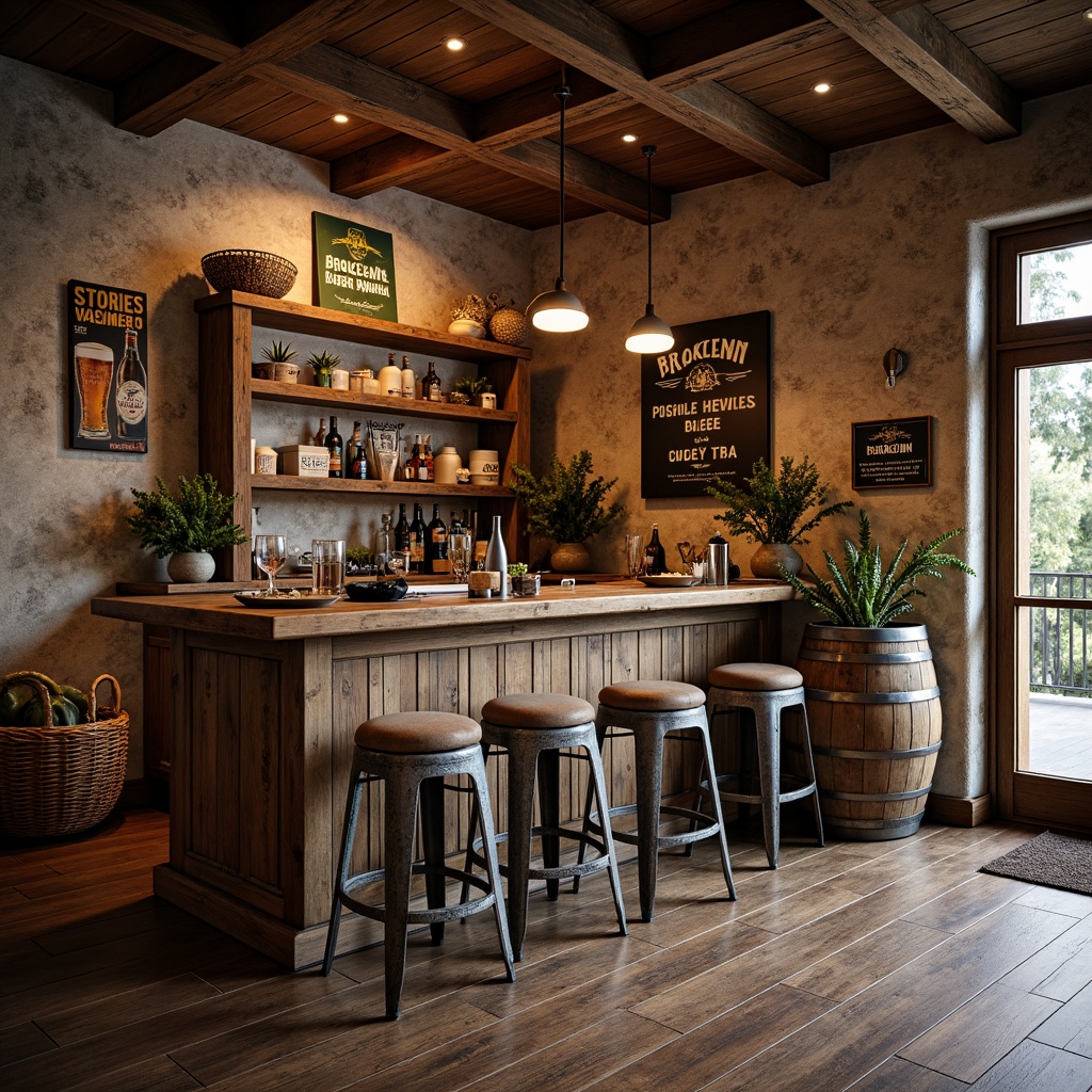 Prompt: Rustic home bar, wooden plank floors, distressed metal stools, vintage-inspired beer signs, reclaimed wood shelves, pendant lighting, earthy color palette, natural stone walls, wooden barrels, rustic wooden tables, comfortable cushions, woven baskets, warm ambient lighting, 3/4 composition, shallow depth of field, realistic textures, ambient occlusion.