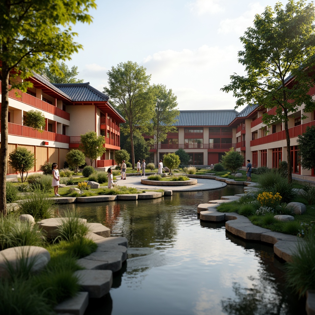 Prompt: Vibrant Asian-inspired middle school, traditional pagoda roofs, curved eaves, bold red accents, warm beige walls, natural wood tones, subtle golden ornaments, lush greenery, bamboo forests, serene water features, tranquil koi ponds, gentle misting systems, soft warm lighting, shallow depth of field, 3/4 composition, realistic textures, ambient occlusion.