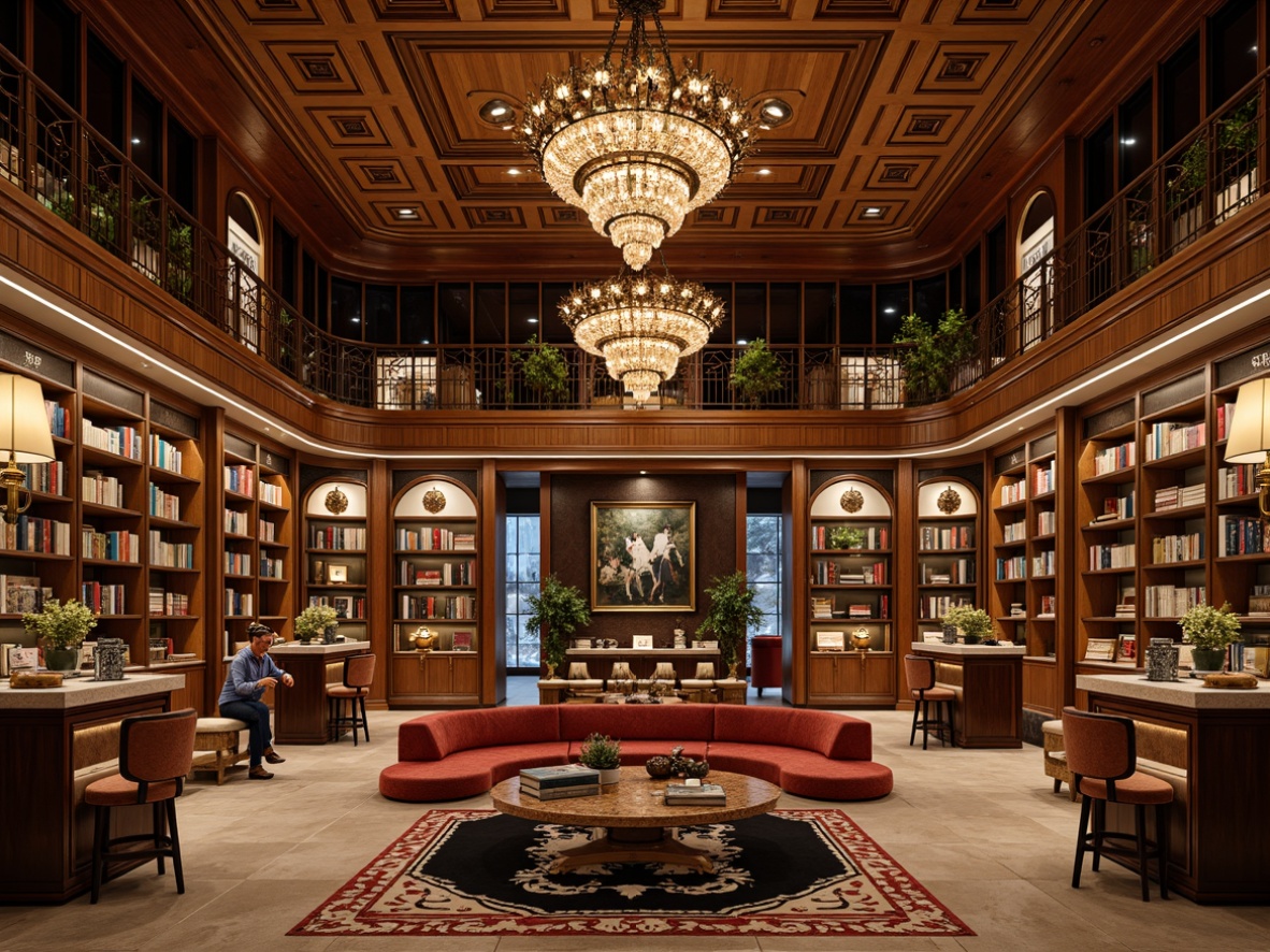 Prompt: Luxurious bookstore, rich wood tones, ornate metalwork, geometric patterns, velvet upholstery, curved lines, opulent chandeliers, marble countertops, high-gloss finishes, bold color schemes, intricate moldings, luxurious fabrics, plush armchairs, statement lighting fixtures, ornamental mirrors, lavish decorative accents, vintage-inspired typography, 1920s-era nostalgic ambiance, warm golden lighting, shallow depth of field, central symmetrical composition, realistic textures, ambient occlusion.