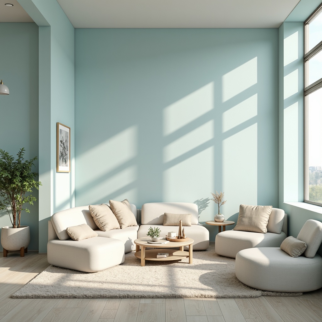 Prompt: Soft baby blue walls, calming atmosphere, gentle curves, rounded furniture, creamy whites, warm beige accents, subtle texture contrasts, natural light pouring through large windows, cozy reading nooks, plush area rugs, minimalist decor, soft focus, shallow depth of field, 1/2 composition, serene ambiance, realistic renderings, ambient occlusion.