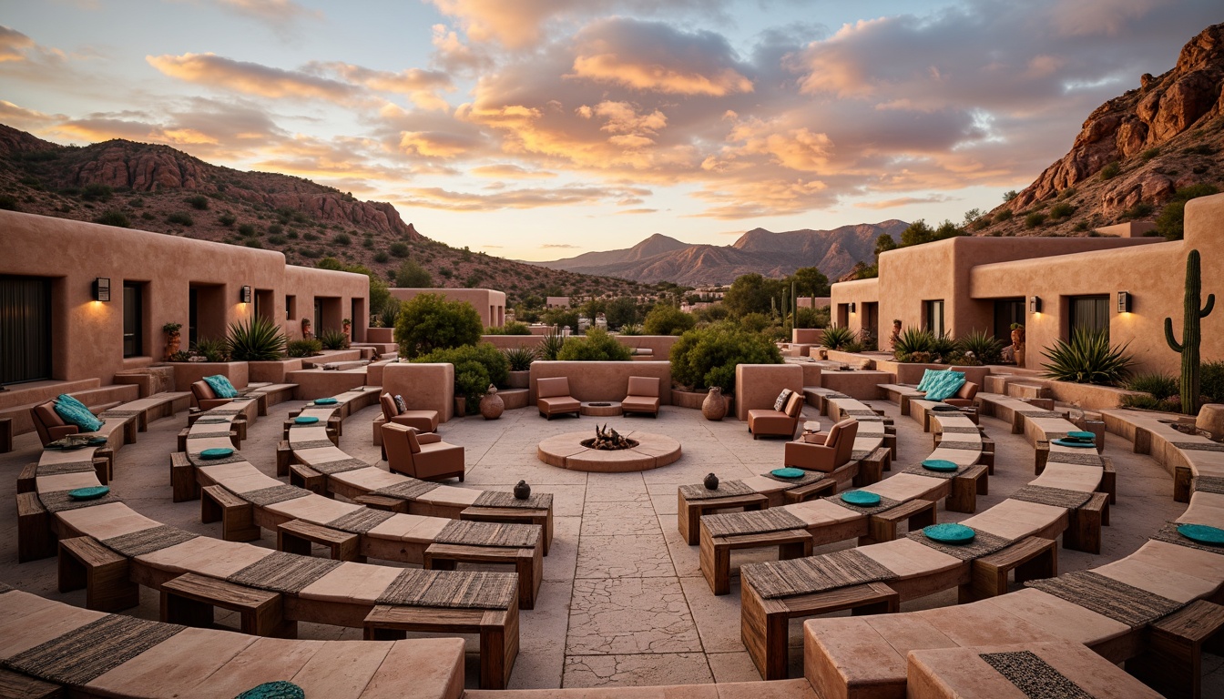 Prompt: Southwestern amphitheater, adobe-style seating areas, rustic wooden benches, vibrant turquoise accents, intricate Native American patterns, woven textiles, hand-carved stone sculptures, desert flora, cacti plants, warm sandy tones, terracotta pottery, geometric tile work, earthy color palette, natural rock formations, dramatic sunset views, soft warm lighting, shallow depth of field, 3/4 composition, panoramic view, realistic textures, ambient occlusion.