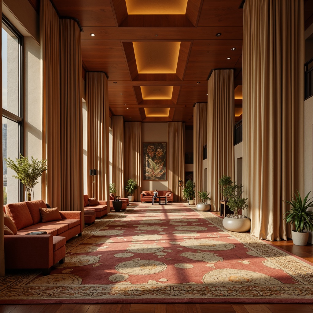 Prompt: Luxurious hotel lobby, rich velvet upholstery, soft silky carpets, elegant drapery, sophisticated patterned rugs, warm beige walls, modern minimalist furniture, sleek metal accents, ambient warm lighting, shallow depth of field, 1/1 composition, realistic textures, subtle fabric sheen.