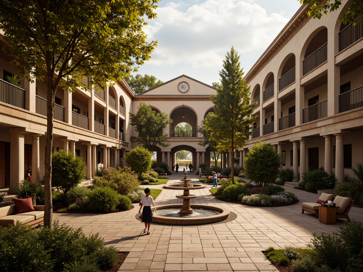 Prompt: Grand campus courtyard, ornate fountains, lush greenery, warm golden lighting, soft shadows, dramatic spotlights, rustic stone walls, classical columns, grand staircases, vaulted ceilings, stained glass windows, elegant chandeliers, subtle ambient lighting, natural daylight, warm beige tones, Renaissance-inspired architecture, symmetrical composition, 1/2 perspective view, realistic textures, high contrast ratio.