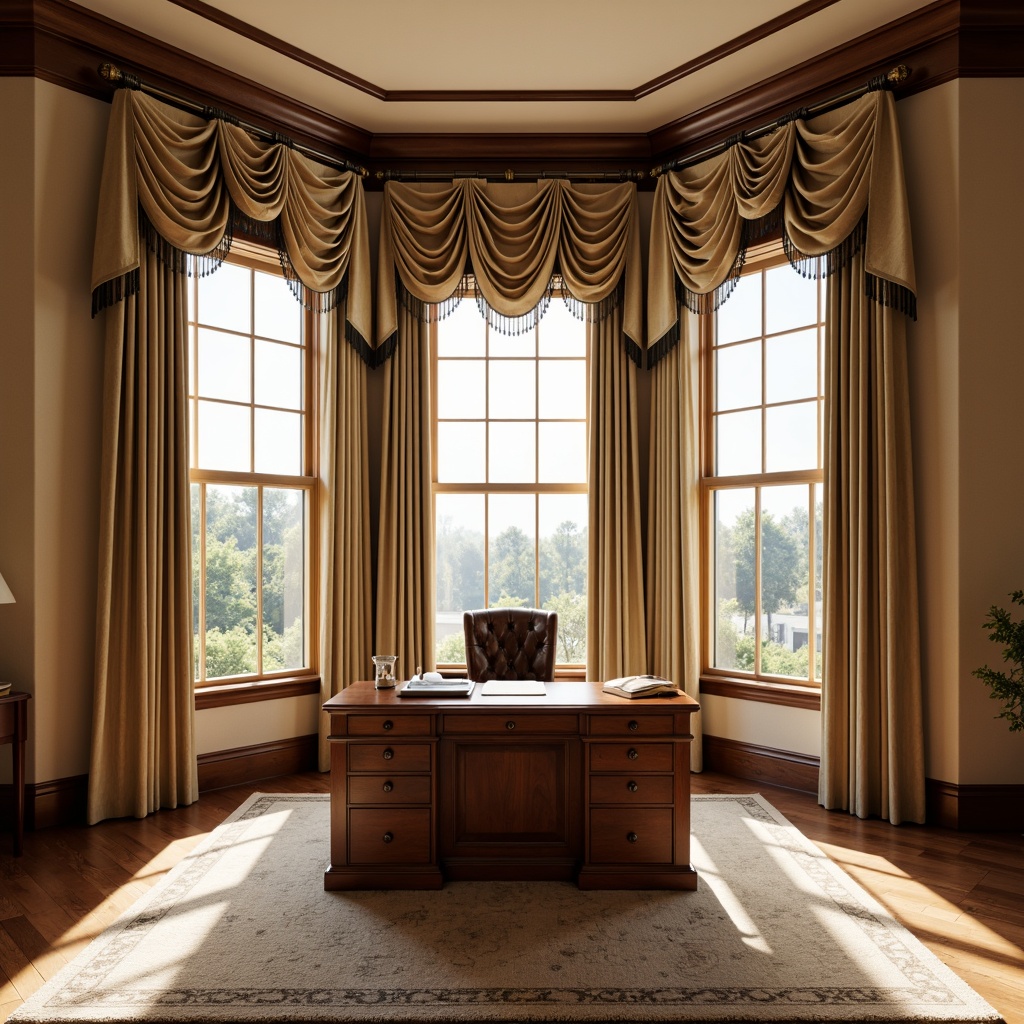 Prompt: Traditional home office, wooden desk, leather chair, rich wood paneling, warm beige walls, classic crown molding, soft natural light, floor-to-ceiling curtains, ornate drapery rods, luxurious silk fabrics, subtle patterned rugs, traditional window treatments, pinch pleat curtains, scalloped valances, decorative tiebacks, elegant tassel trim, warm golden lighting, shallow depth of field, 2/3 composition, realistic textures, ambient occlusion.