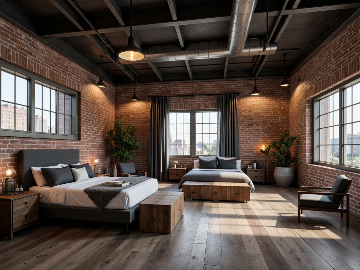 Prompt: Industrial-style bedroom, exposed brick walls, metal beams, reclaimed wood flooring, functional furniture pieces, multi-functional storage beds, industrial-chic lighting fixtures, Edison bulbs, metal frame chairs, wooden crates, urban loft ambiance, minimalist decor, monochromatic color scheme, concrete textures, distressed finishes, atmospheric shadows, low-key lighting, 1/2 composition, cinematic perspective.