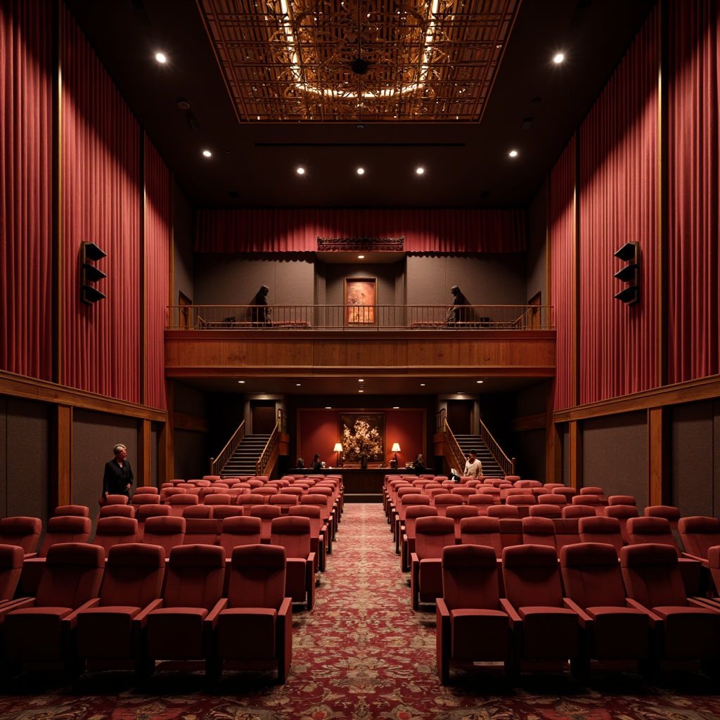 Prompt: Luxurious theater interior, velvet curtains, rich wood accents, optimal sound quality, acoustic panels, geometric patterns, sound-absorbing materials, diffused lighting, intimate seating arrangement, plush audience chairs, ornate ceiling details, subtle color palette, warm atmospheric ambiance, cinematic experience, precise speaker placement, 3D audio simulation, realistic reverberation effects, shallow depth of field, panoramic view.