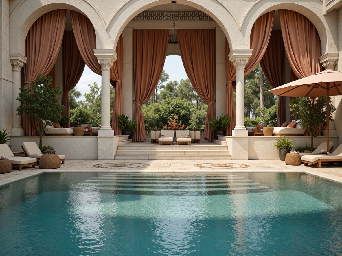 Prompt: Luxurious swimming pool, ornate stone carvings, elegant archways, grandiose columns, lavish drapery, intricate mosaic patterns, regal velvet loungers, majestic water features, crystal clear waters, warm sunny days, soft natural lighting, 1/2 composition, symmetrical architecture, refined Renaissance-inspired details, opulent fabric canopies, plush towels, decorative pool umbrellas, ornamental fountains.