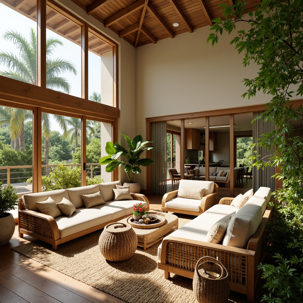 Prompt: Tropical living room, high ceilings, large windows, sliding glass doors, natural wood accents, woven rattan furniture, vibrant greenery, exotic flowers, palm trees, bamboo plants, earthy tones, warm beige walls, cream-colored sofas, jute rugs, woven baskets, macrame textiles, soft warm lighting, shallow depth of field, 3/4 composition, panoramic view, realistic textures, ambient occlusion.