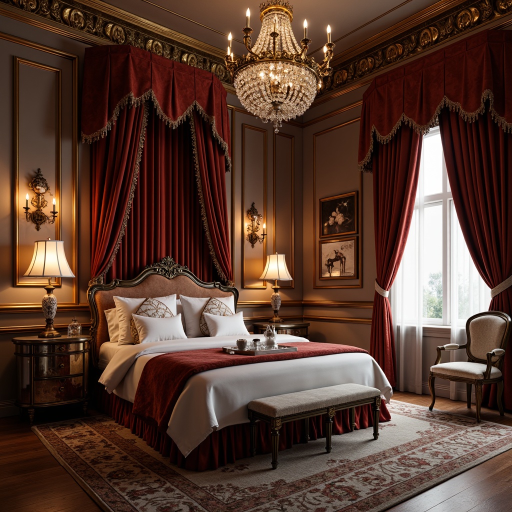 Prompt: Opulent bedroom, lavish Rococo style, ornate furnishings, velvet drapes, gilded frames, crystal chandeliers, delicate sconces, candelabras, bronze table lamps, intricate metalwork, soft warm glow, ambient lighting, cozy atmosphere, luxurious textiles, rich wood tones, marble accents, elegant curves, French-inspired decor, romantic ambiance, intimate setting, warm color palette, soft focus, shallow depth of field.