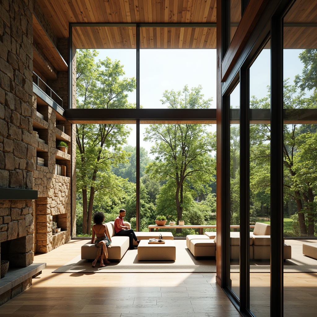 Prompt: Floor-to-ceiling windows, minimal frames, transparent glass, sliding doors, open-plan living spaces, natural stone walls, wooden floors, cozy reading nooks, comfortable seating areas, lush greenery views, sunny day, soft warm lighting, shallow depth of field, 3/4 composition, panoramic view, realistic textures, ambient occlusion.